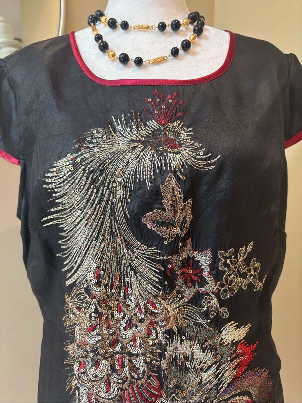 Chinese Mulberry Silk Black Shift Dress with Gold & Red Peacock Embroidery